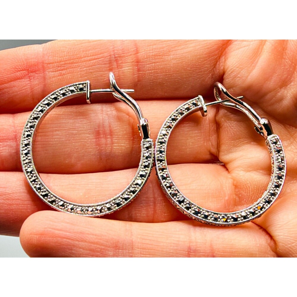 Dallas Prince 925 Sterling Silver Marcasite Hoop Earrings 1.25" 9.7g - Picture 4 of 9